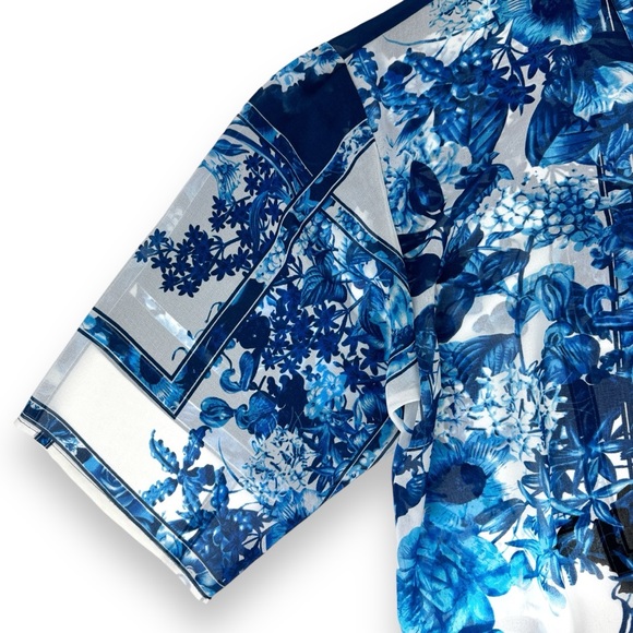 Chicos Travelers L/XL Blue Patchwork Fringe Duster Open Kimono Swim Cover Floral - Picture 4 of 11